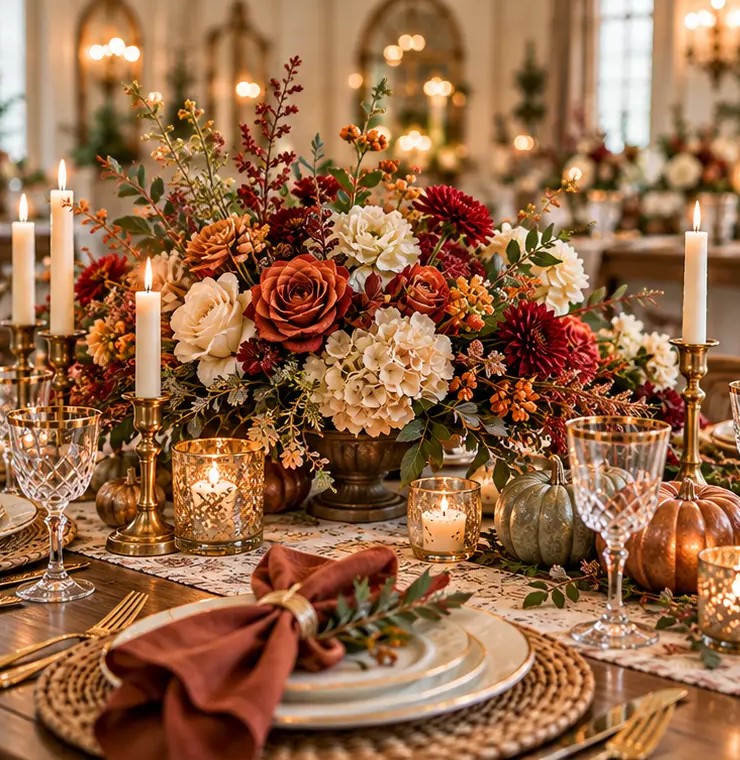A Thanksgiving table with a rust, burgundy and cream floral centerpiece, pumpkins, candles and rust napkins