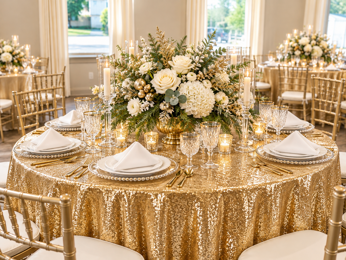 A Gilded Noel tablescape with gold accents and evergreen garland