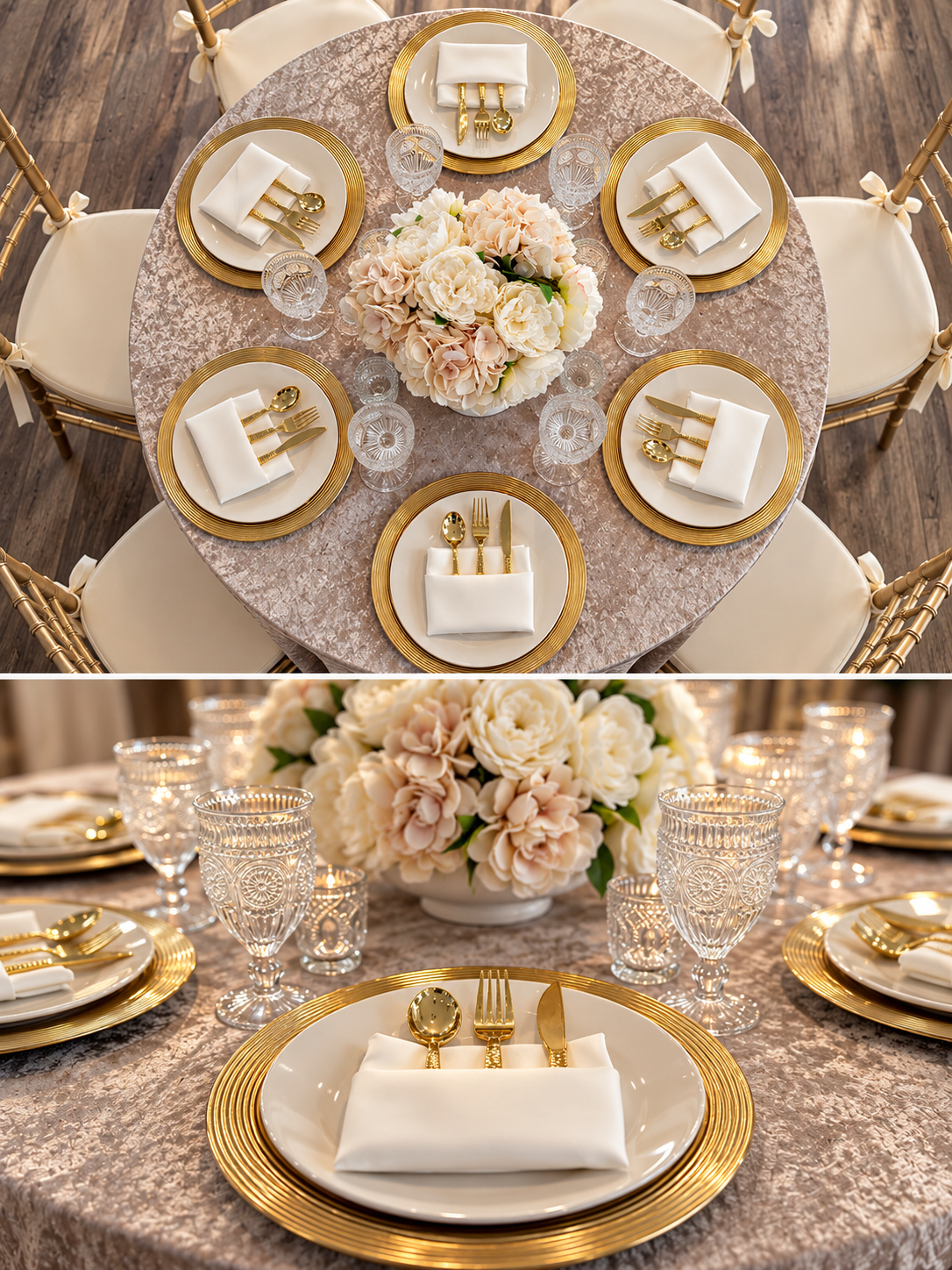 The standard Magnolia Studio table setting with taupe velvet linen, gold chargers, white dinner plates, vintage water goblets and a silk floral centerpiece