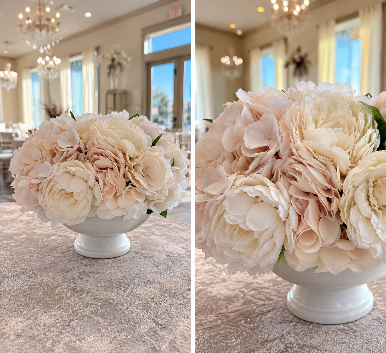 Close views of a cream and blush peony and hydrangea centerpiece in a white footed compote on a crushed velvet tablecloth