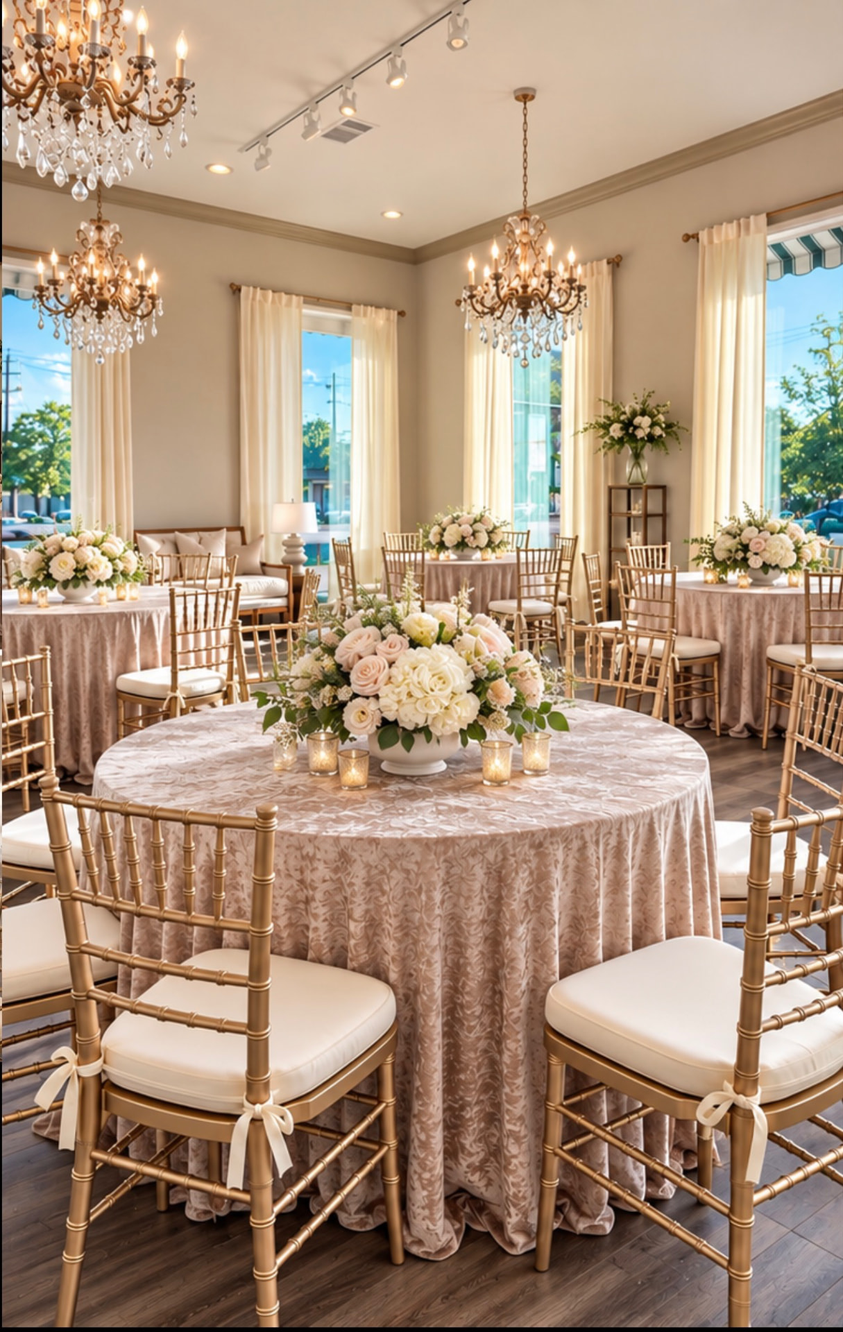 The studio dining room filled with daylight from tall arched windows, its round tables dressed in champagne crushed velvet with gold Chiavari chairs, blush and cream rose centerpieces and votive candles beneath bronze-and-crystal chandeliers