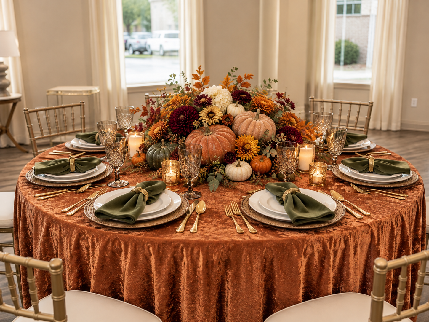 An Autumn Harvest tablescape with pumpkins, copper tones and candlelight