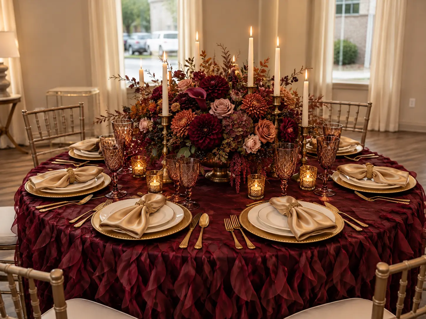 A Moody Midnight Autumn tablescape with deep plum and amber candles