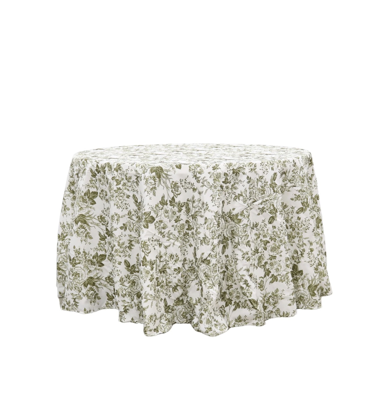 Sage green floral toile round linen on an ivory ground