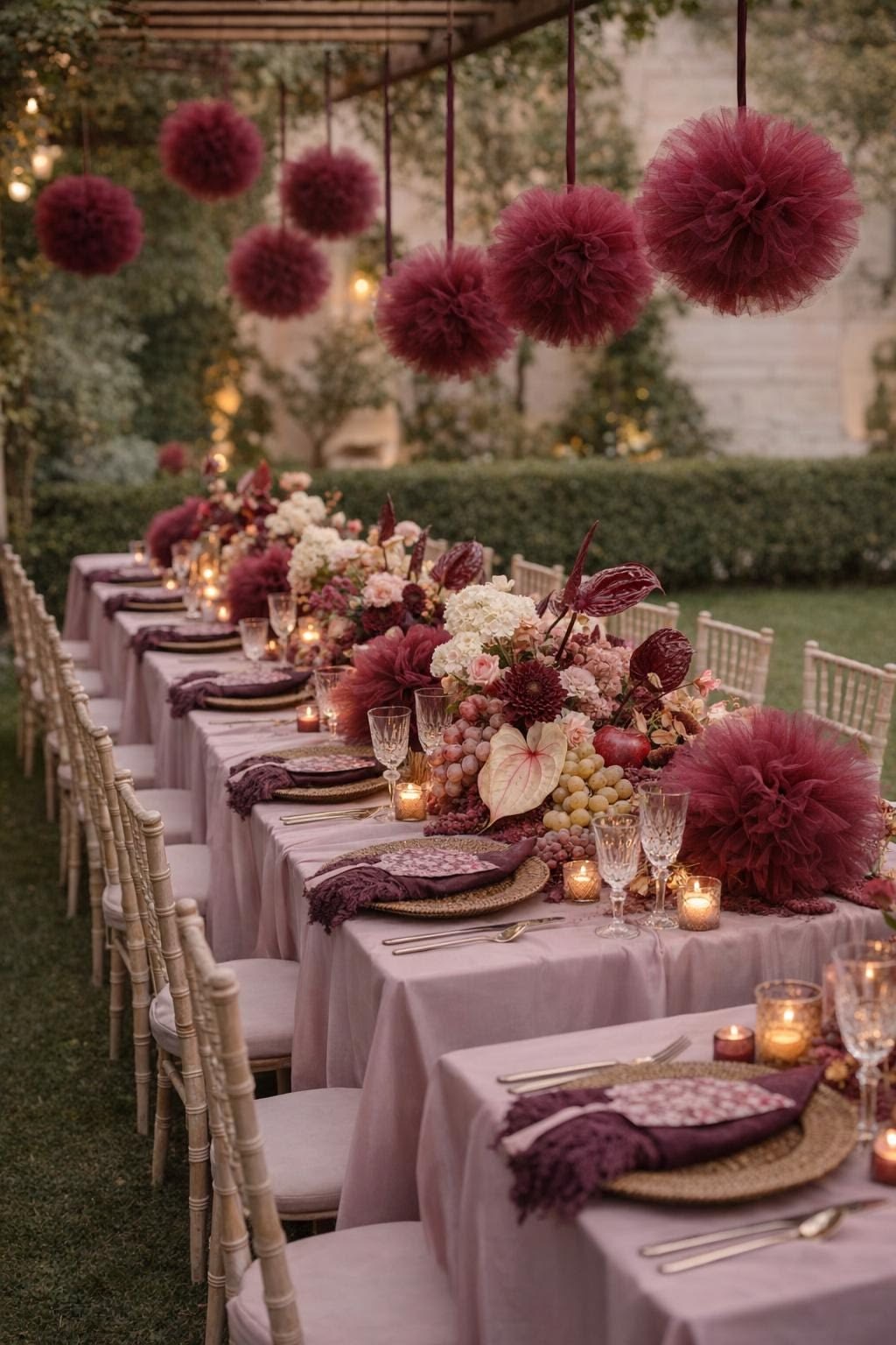 A garden table in the Plum, Lilac & Muted Peach palette with plum tulle pomanders hanging overhead, woven chargers, and centerpieces of grapes, pomegranates, and burgundy blooms