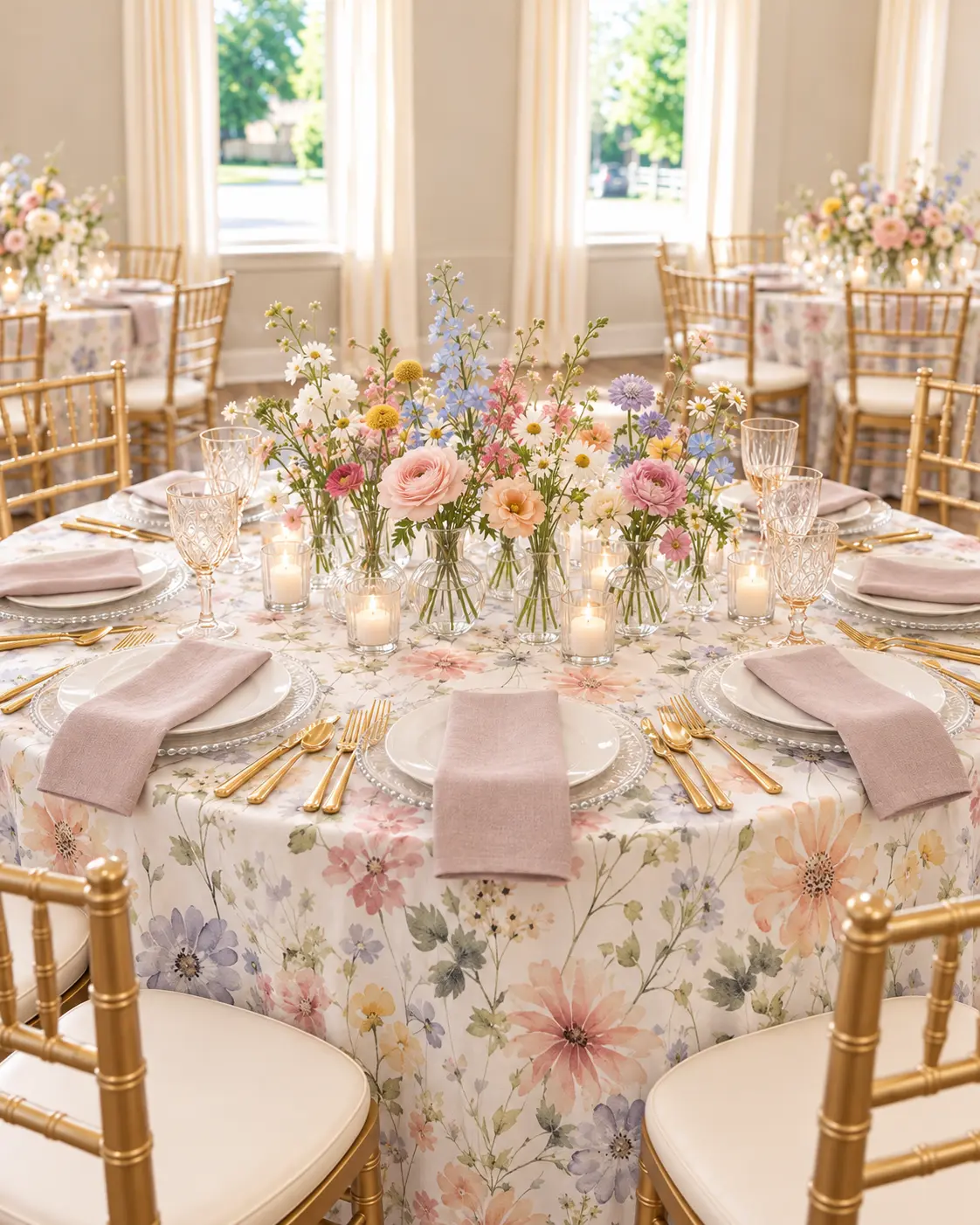 A Wildflower bridal shower table with floral watercolor linen and bud vases