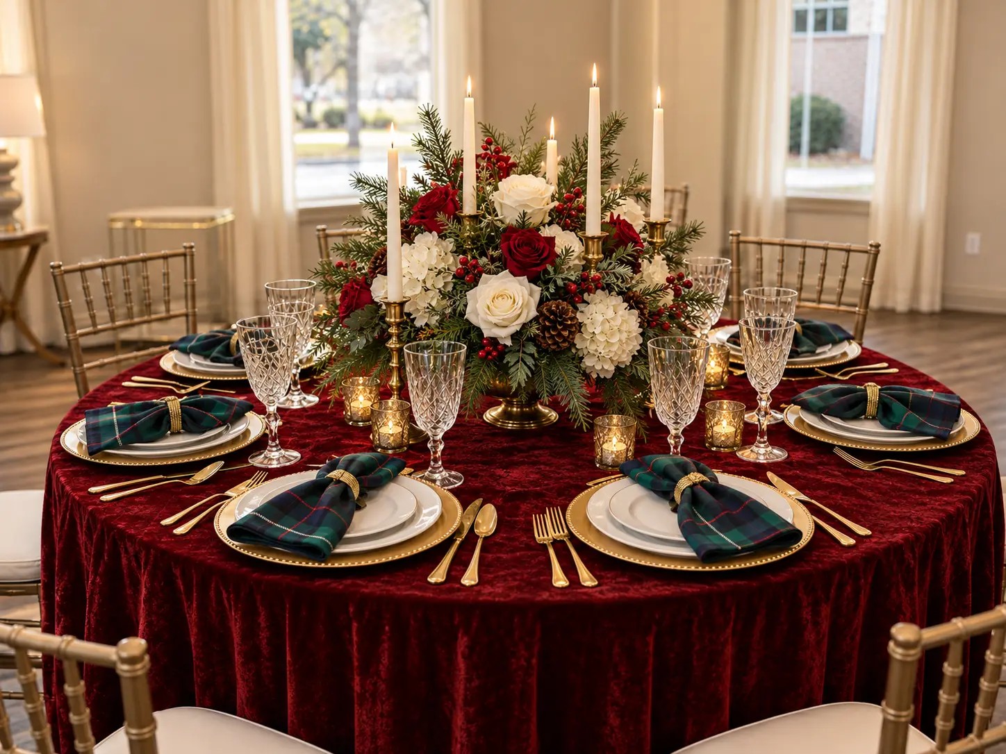 A Christmas Traditions tablescape with classic red and green styling