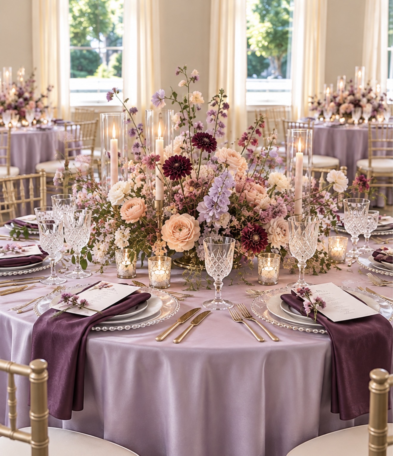 A wedding table in lilac satin linen with plum napkins, crystal glassware, gold flatware, glowing taper candles, and a lush centerpiece of plum dahlias, lilac delphiniums, and muted peach roses