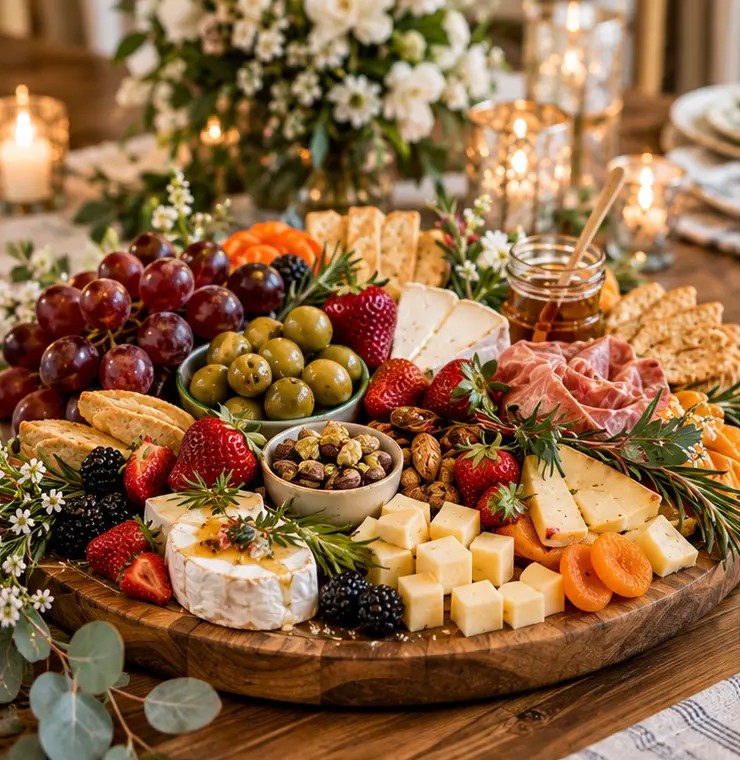 A generous charcuterie board with cheeses, grapes, strawberries, olives and crackers