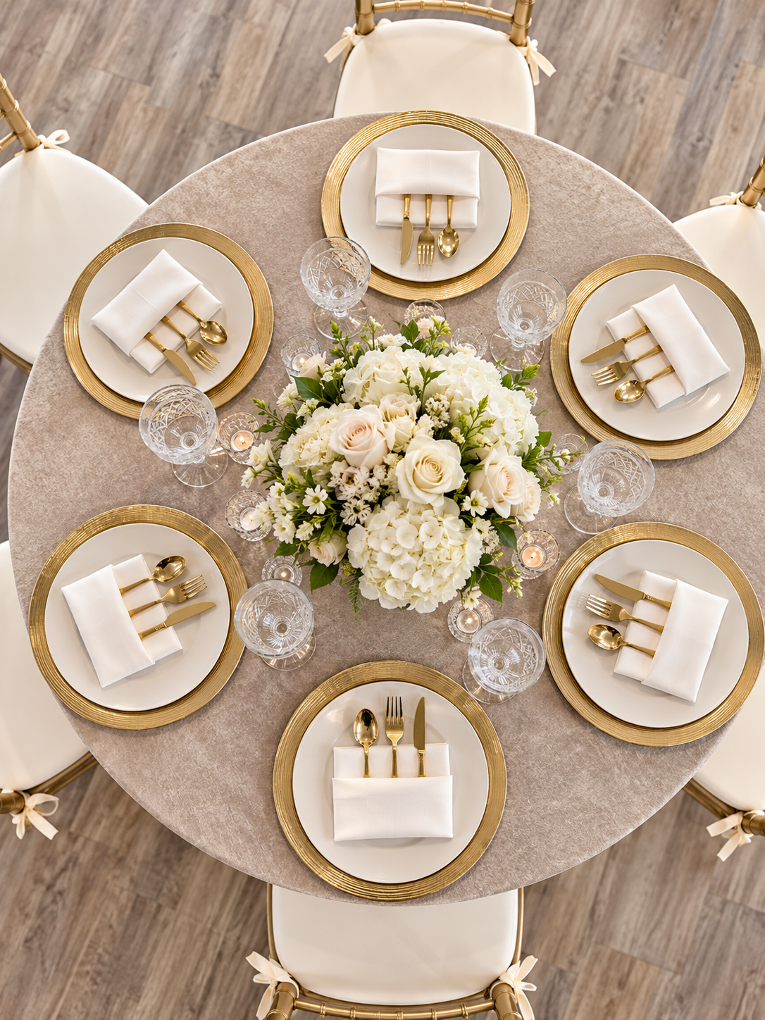An overhead view of a round table dressed for six in champagne velvet with gold chargers, white plates, gold flatware in folded napkins, crystal goblets, votive candles and a dome of hydrangea, cream and blush roses, ringed by gold Chiavari chairs