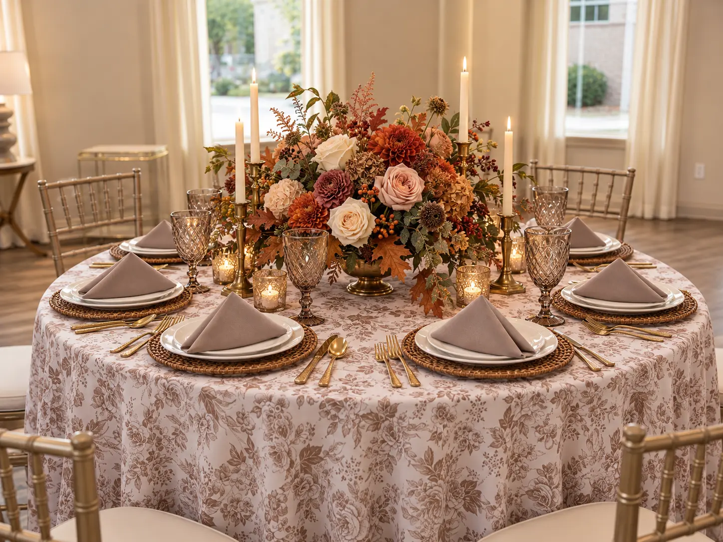 An Autumn Romance tablescape with blush roses and warm gold details