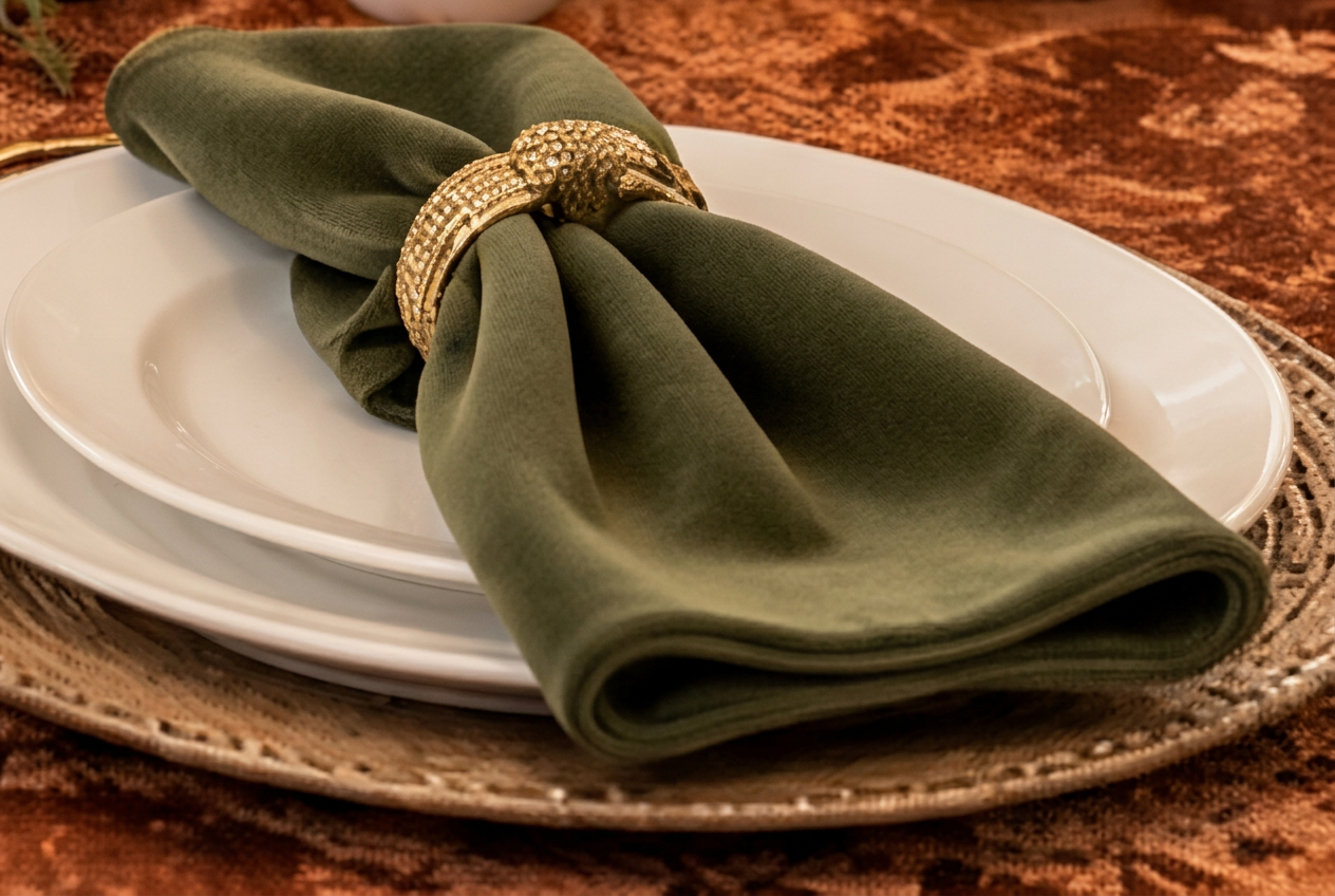 Moss green napkin gathered through a woven gold napkin ring, resting on stacked white plates