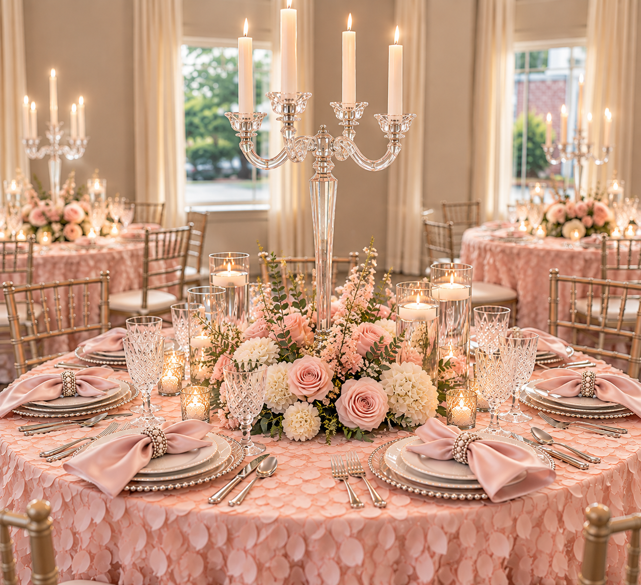 A Petal & Platinum birthday tablescape with blush and metallic details