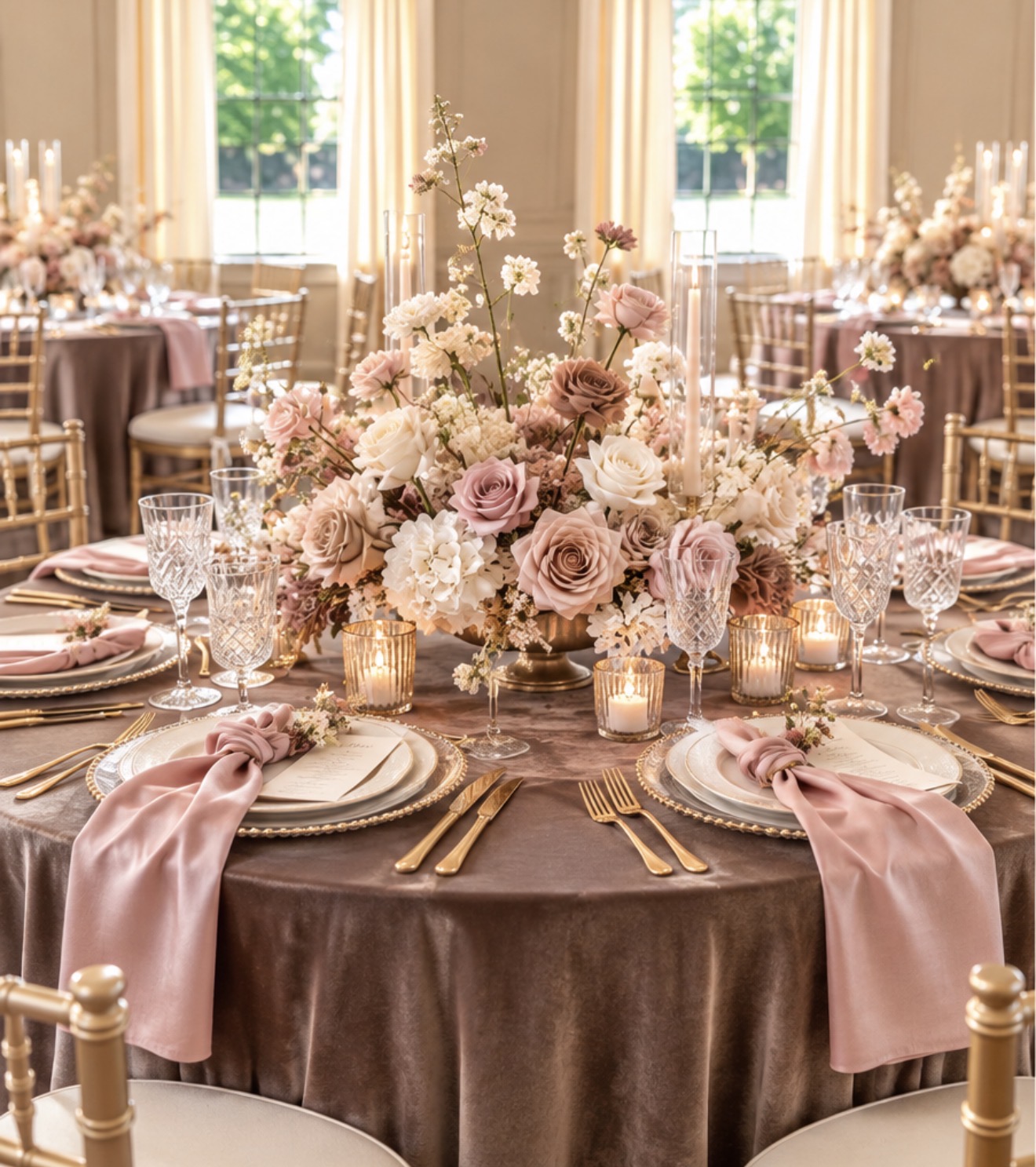 A wedding table in mocha velvet linen with dusty pink satin napkins, gold-beaded chargers, crystal glassware, gold flatware, glowing votives, and a centerpiece of dusty pink and cream roses in a gold compote