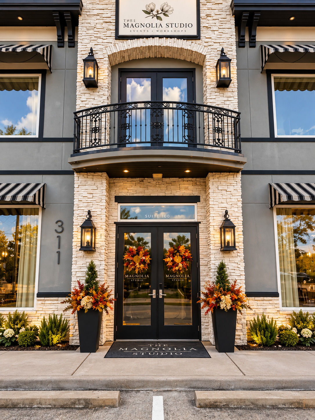 The Magnolia Studio entrance in autumn, with fall wreaths on the double doors and seasonal planters of orange, cream, and rust blooms