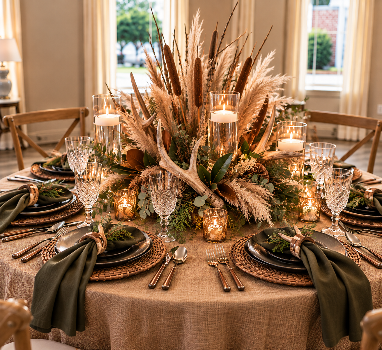 A Hunting Lodge tablescape with rustic masculine styling