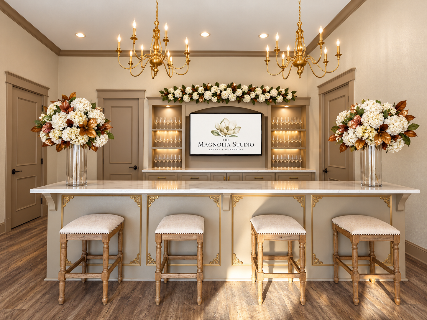 The Magnolia Studio bar with a marble counter, brass chandeliers, illuminated glassware shelves, a magnolia garland, and the studio screen