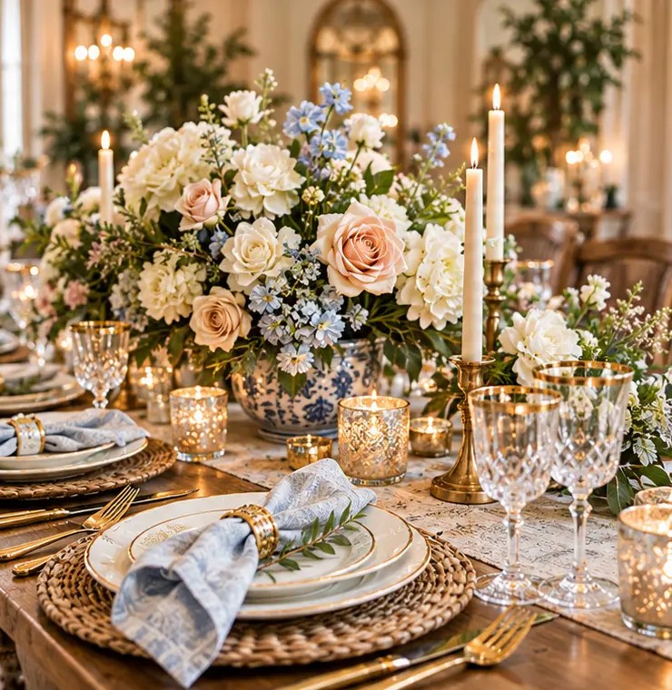 A tablescape with a blue-and-white ginger jar centerpiece, woven chargers, blue napkins and crystal glassware