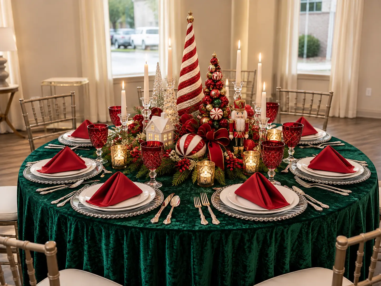 A Peppermint Pine tablescape with festive red, white and green