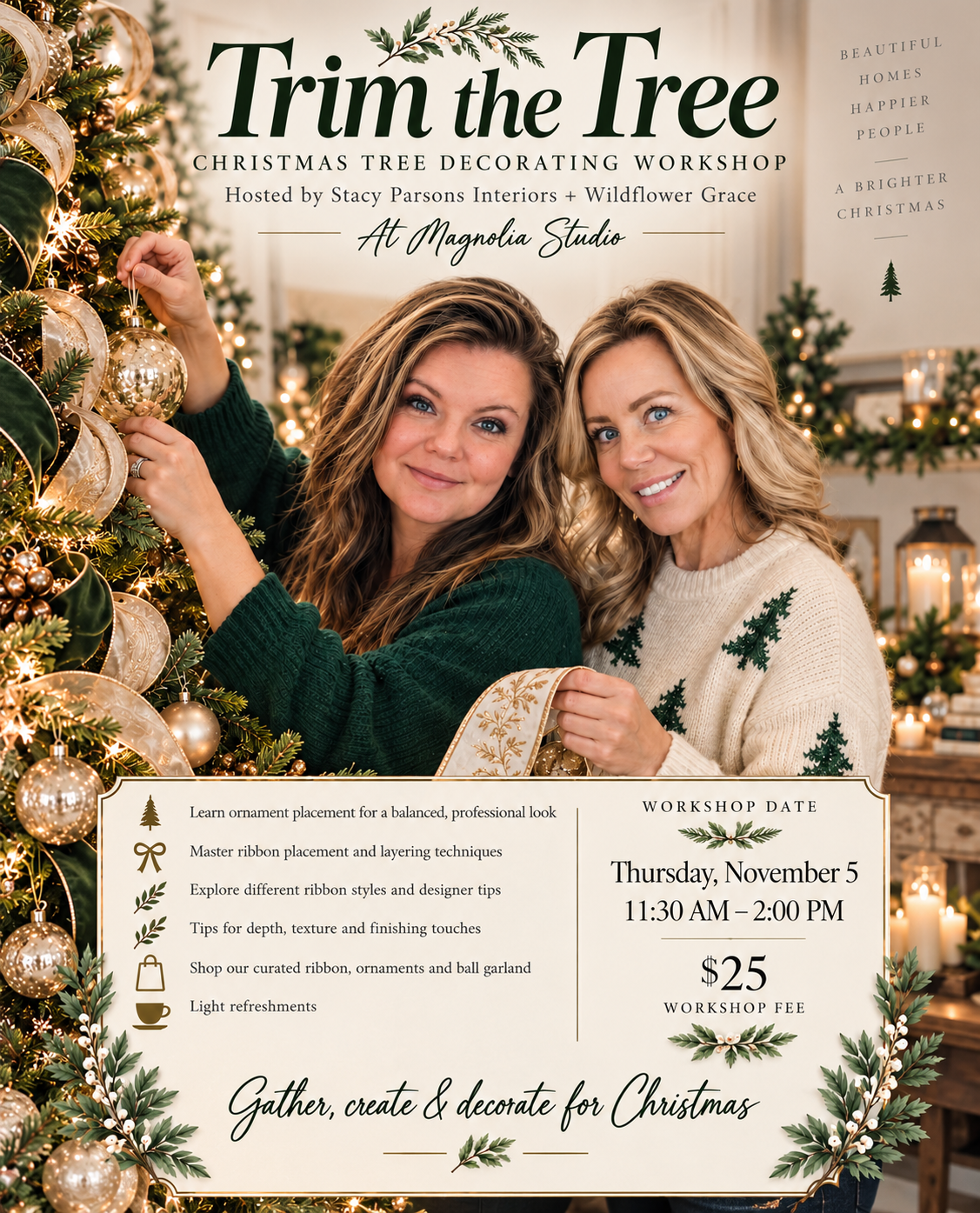 Trim the Tree workshop flyer featuring Stacy and Kayla decorating a Christmas tree
