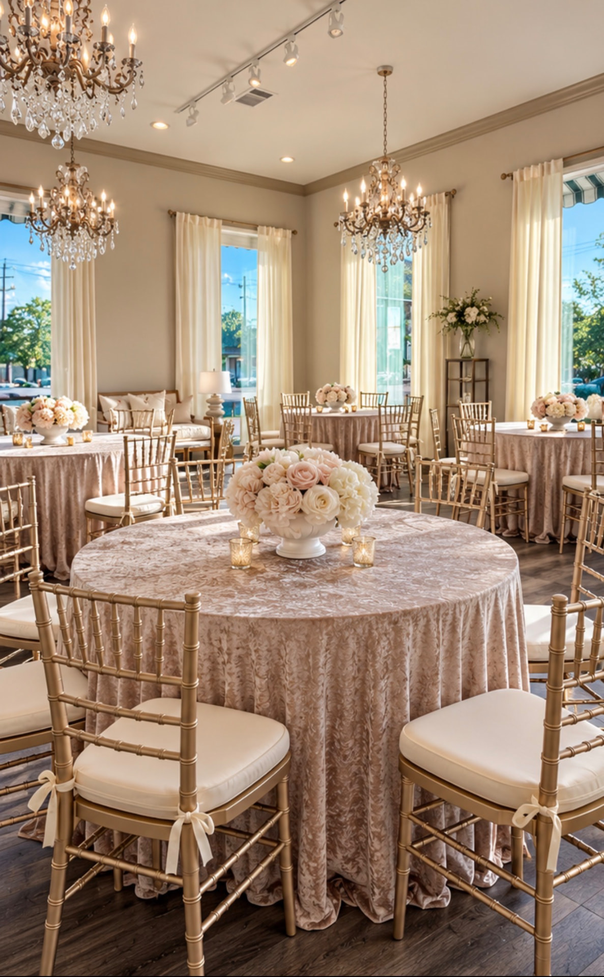 The Magnolia Studio gathering room set with taupe velvet linens, silk centerpieces, and champagne gold Chiavari chairs beneath crystal chandeliers