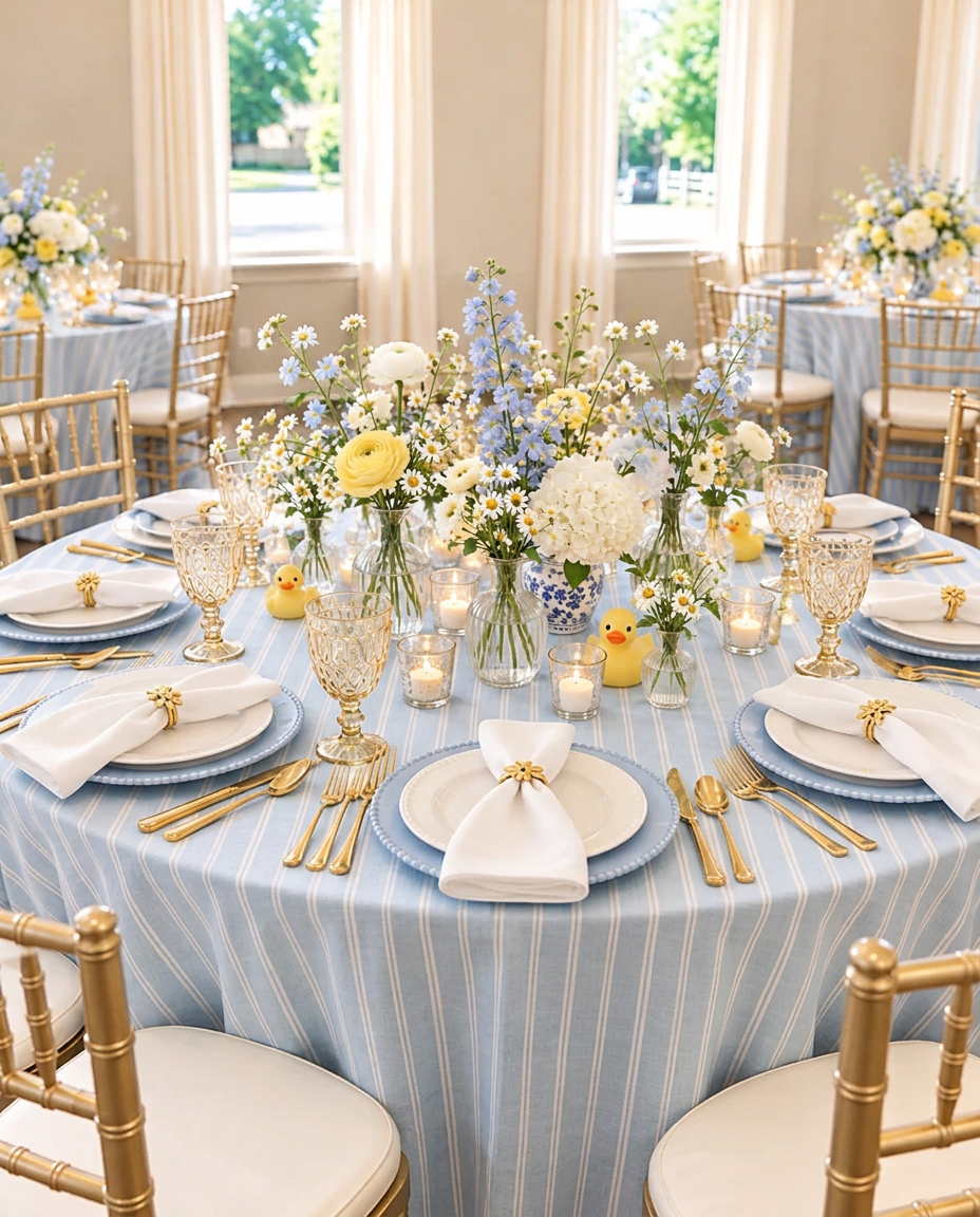 A Buttercream & Blue baby shower table with pale blue striped linens and soft yellow blooms