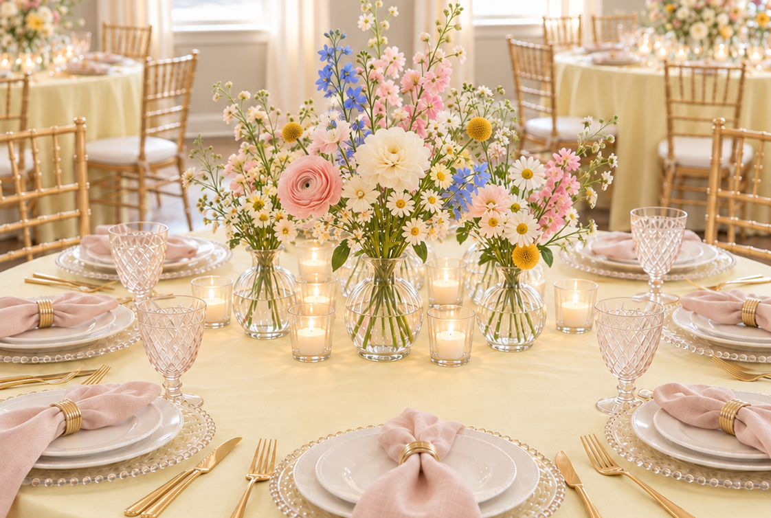 An In Full Bloom bridal shower table with butter yellow linen and pink ranunculus
