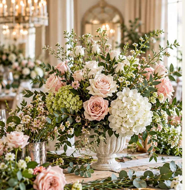 A lush blush rose and white hydrangea arrangement in a stone urn on a workshop table