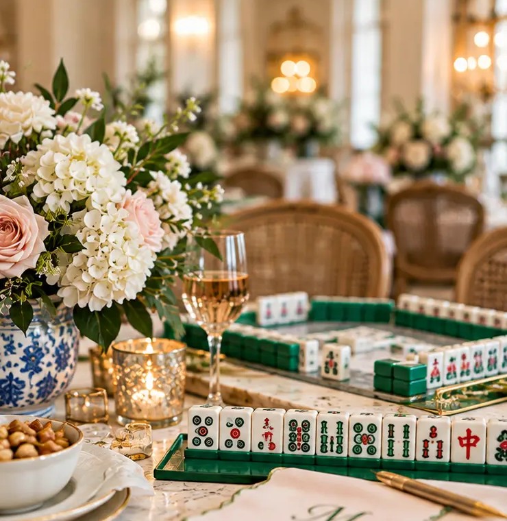 A Mahjongg table set with green tiles, rosé, candles and a blue-and-white floral arrangement
