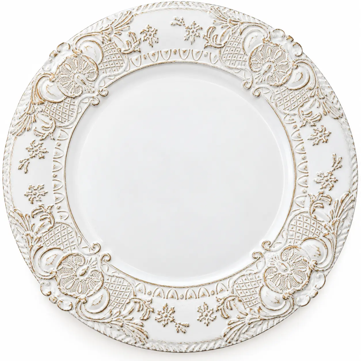 White & gold scroll charger