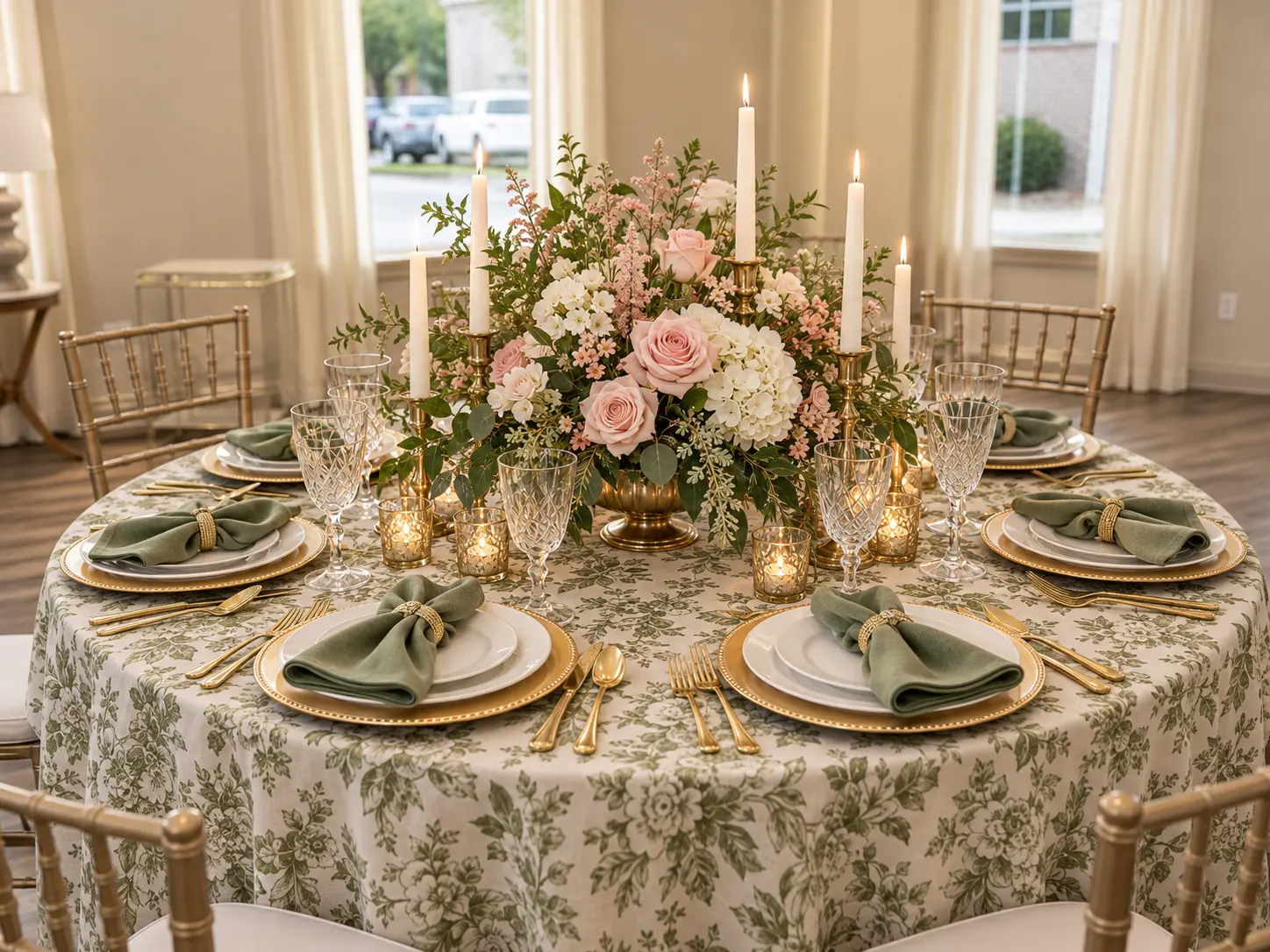 A round Magnolia Studio table dressed with a sage botanical linen, blush roses and hydrangeas, gold chargers, and candlelight
