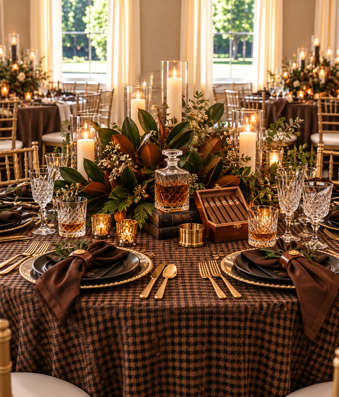 A Cigars & Whiskey tablescape with houndstooth linen and whiskey glasses