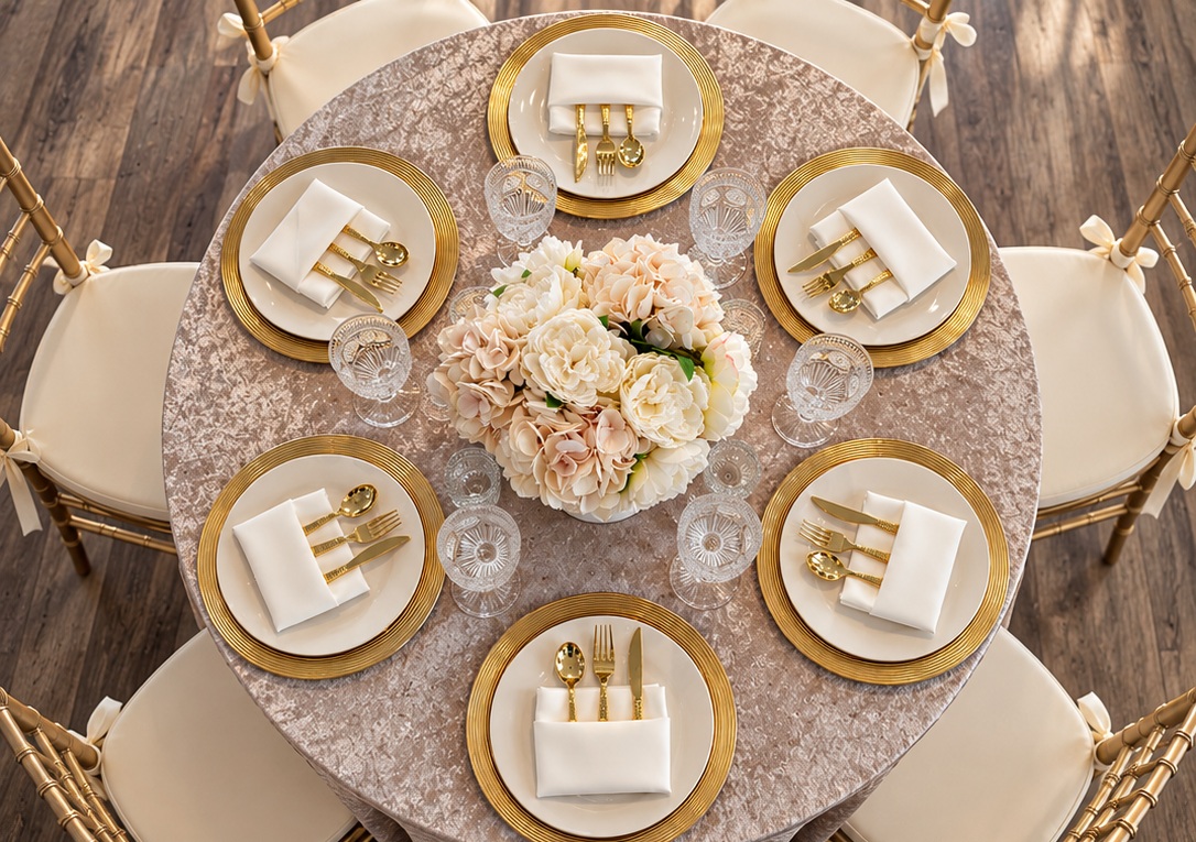 Overhead view of the included taupe velvet table setting with gold chargers, white plates, gold flatware, crystal goblets and a silk centerpiece