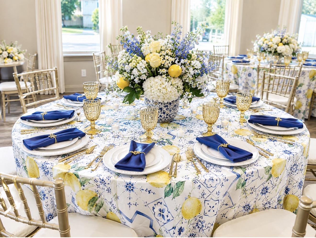A sun-washed Sicilian Summer tablescape with citrus and blue accents