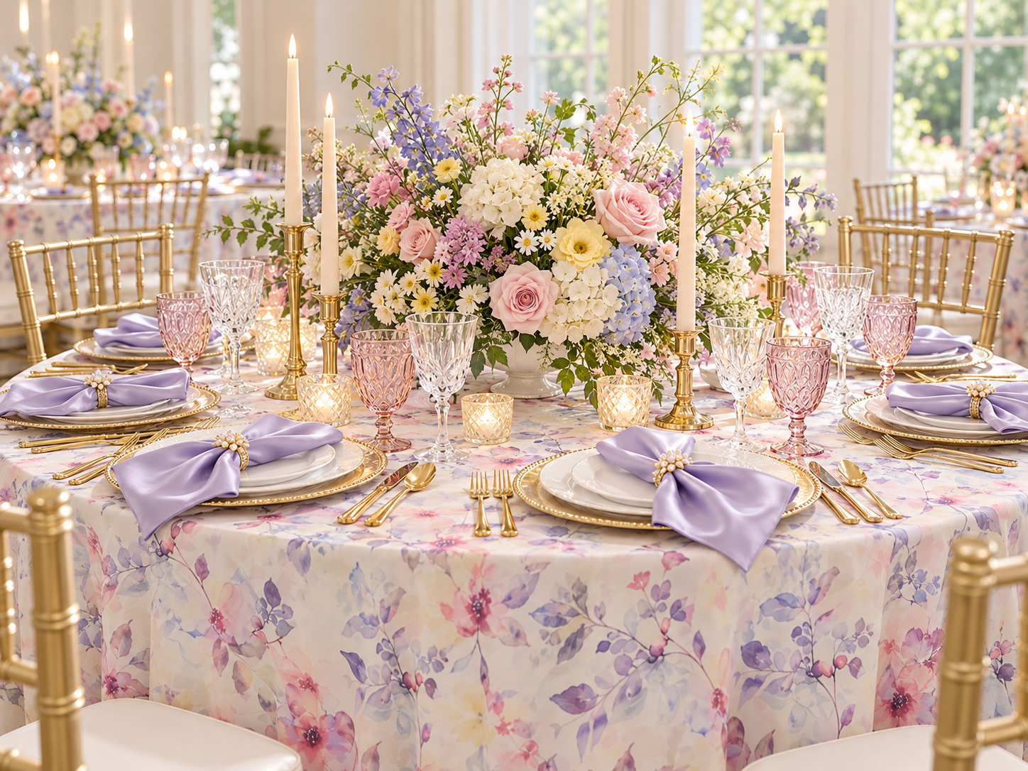 Butterfly Kisses tablescape with watercolor floral linens, lavender satin napkins, gold chargers, blush goblets, garden-style pastel florals, and candlelight
