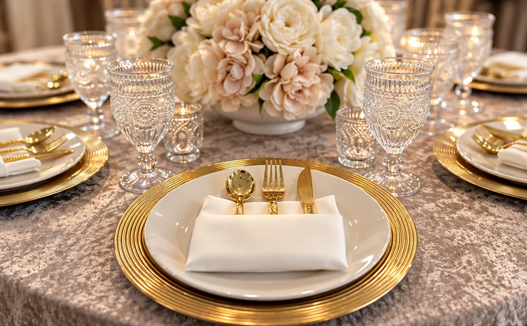 Close-up of the coordinated gold and white place setting, crystal goblets and silk florals on taupe velvet