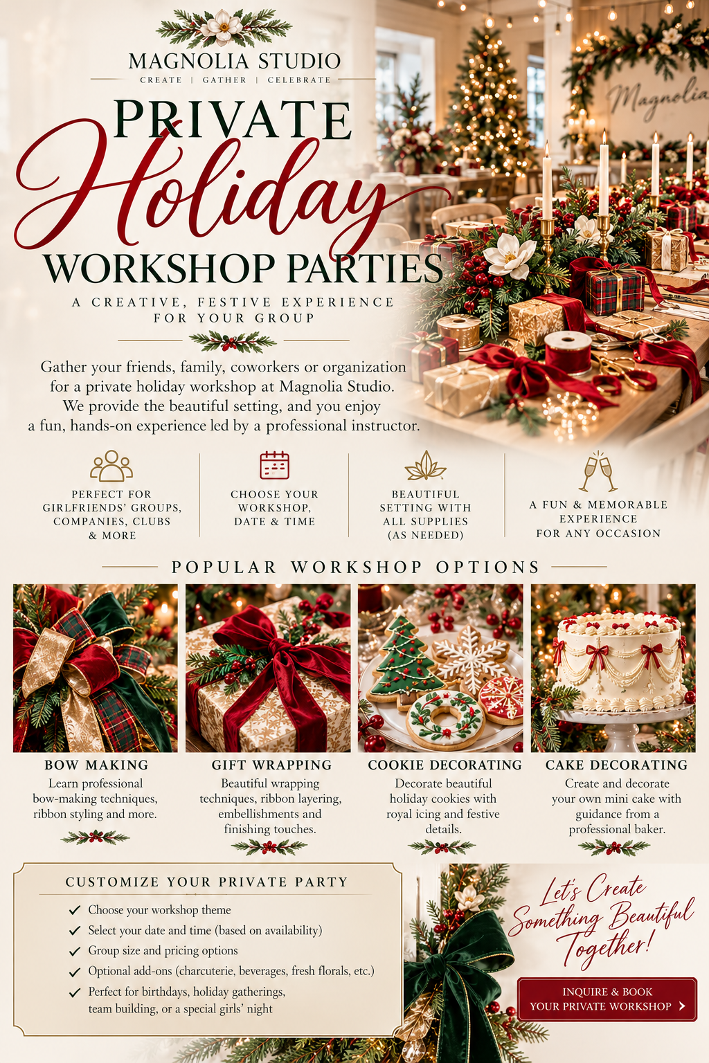 Private Holiday Workshop Parties flyer with bow making, gift wrapping, cookie decorating and cake decorating options