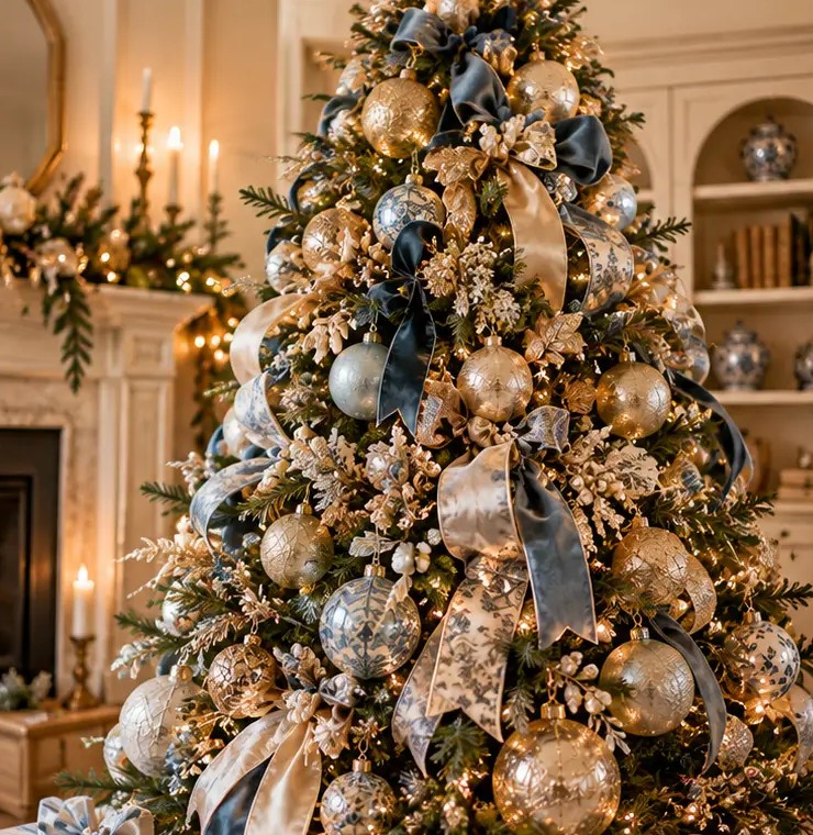 A Christmas tree layered with gold ornaments, blue velvet bows and blue-and-white toile ribbon