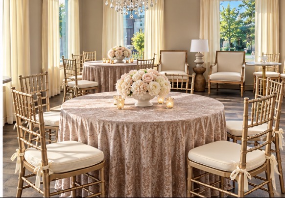 A round table dressed in taupe crushed velvet with gold Chiavari chairs, glass votive candles and a low bowl of blush and cream roses