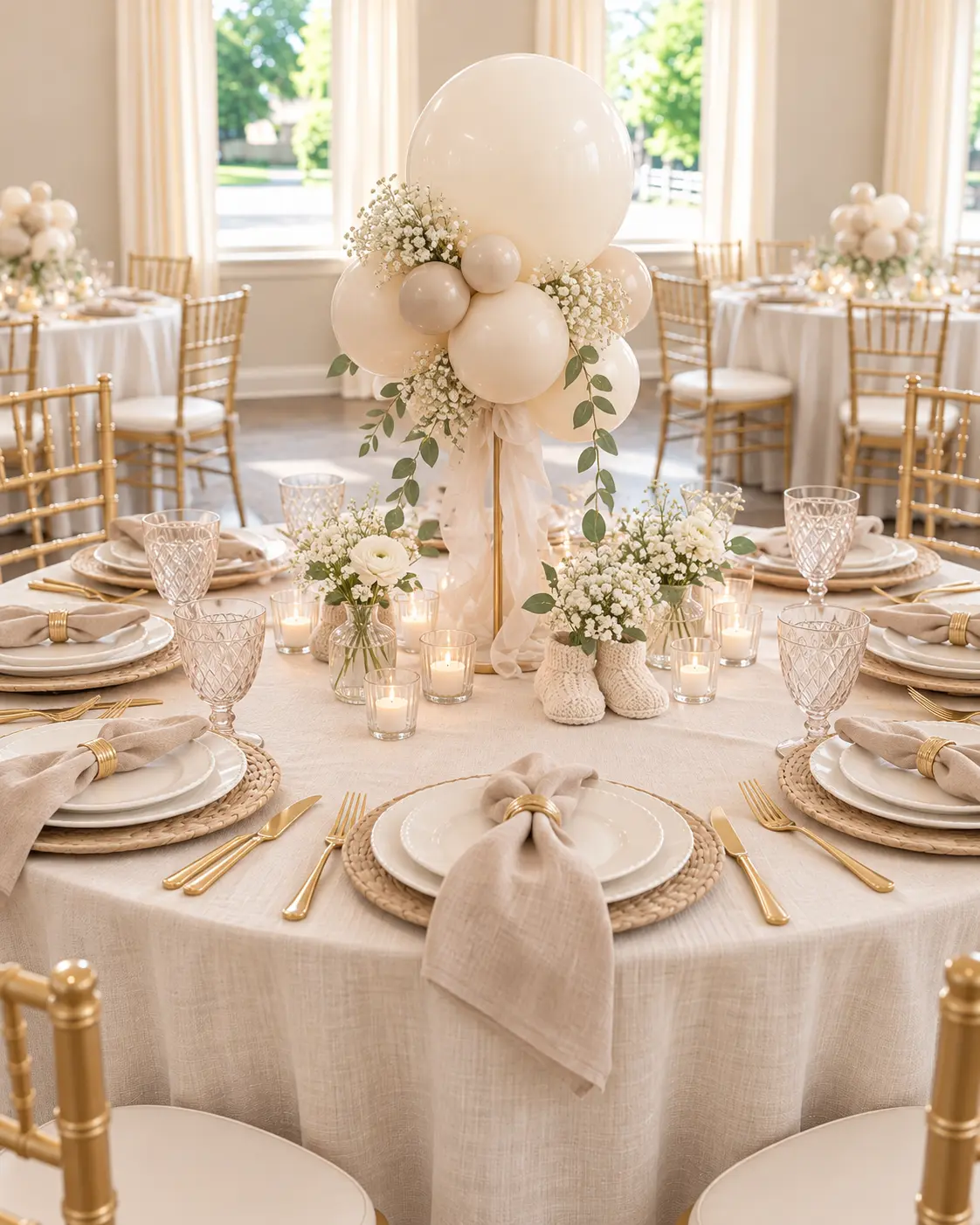 A Little Wonder gender-neutral baby shower table with soft beige linens and balloons