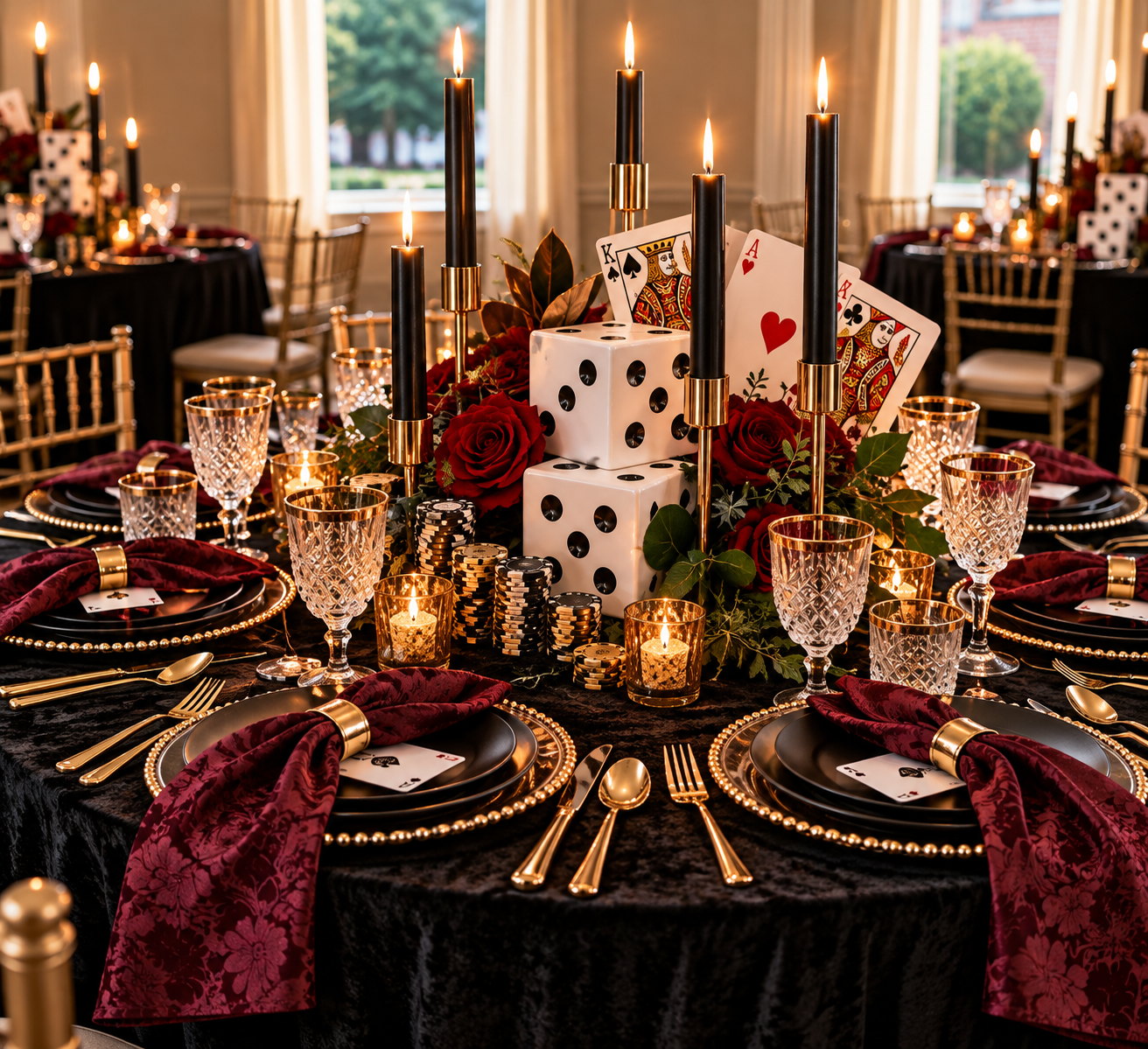 A Casino Royale casino-night tablescape with dice, playing cards, and black tapers