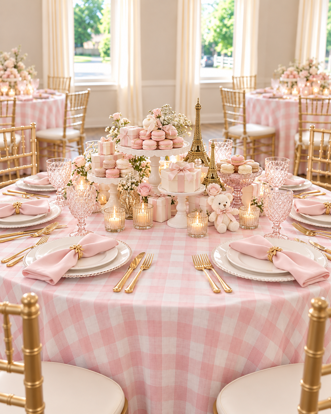 A Bonjour Bébé Parisian baby shower table with pink gingham linens and macaron centerpiece