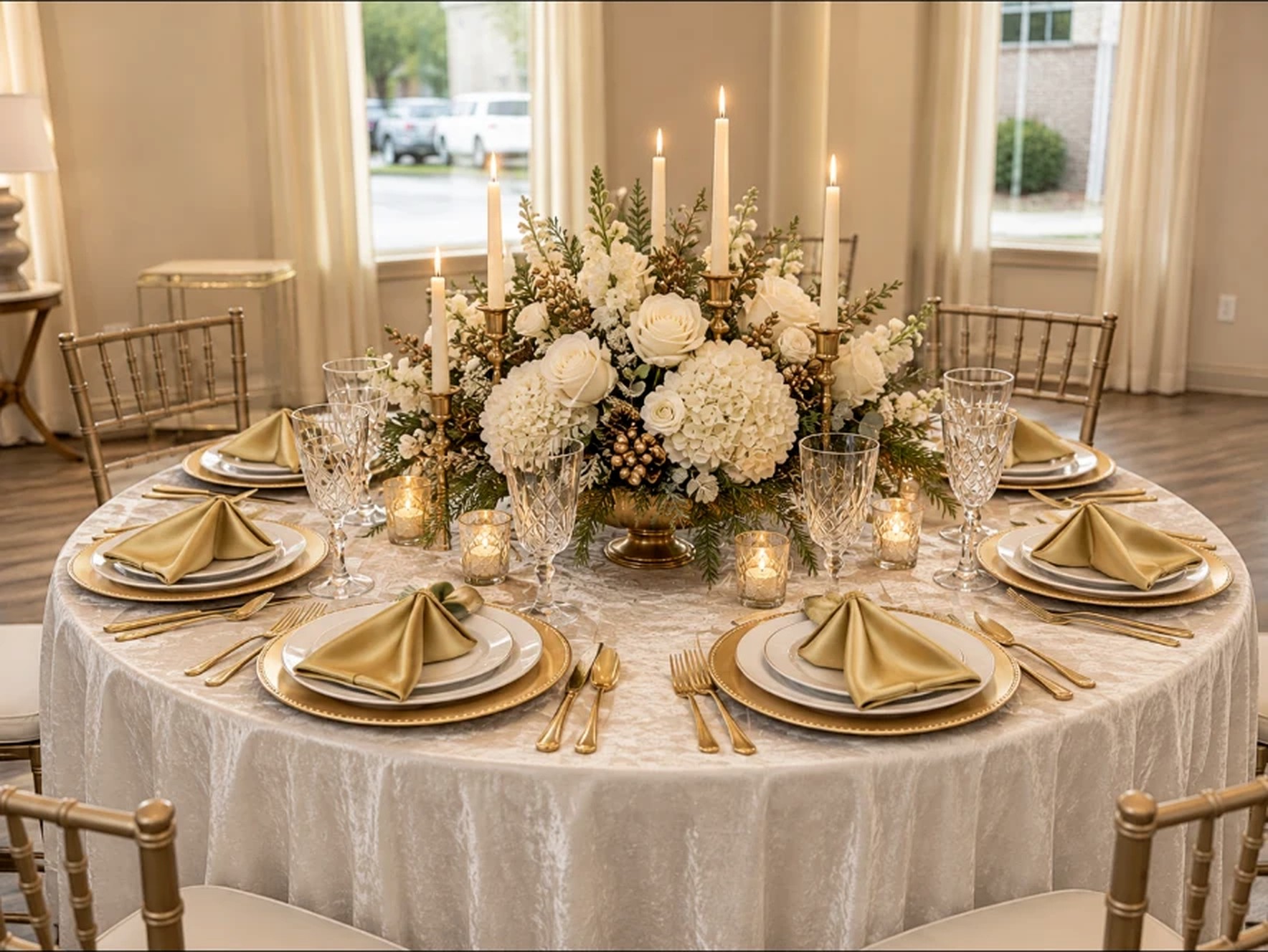A winter tablescape dressed in soft linen with candlelight