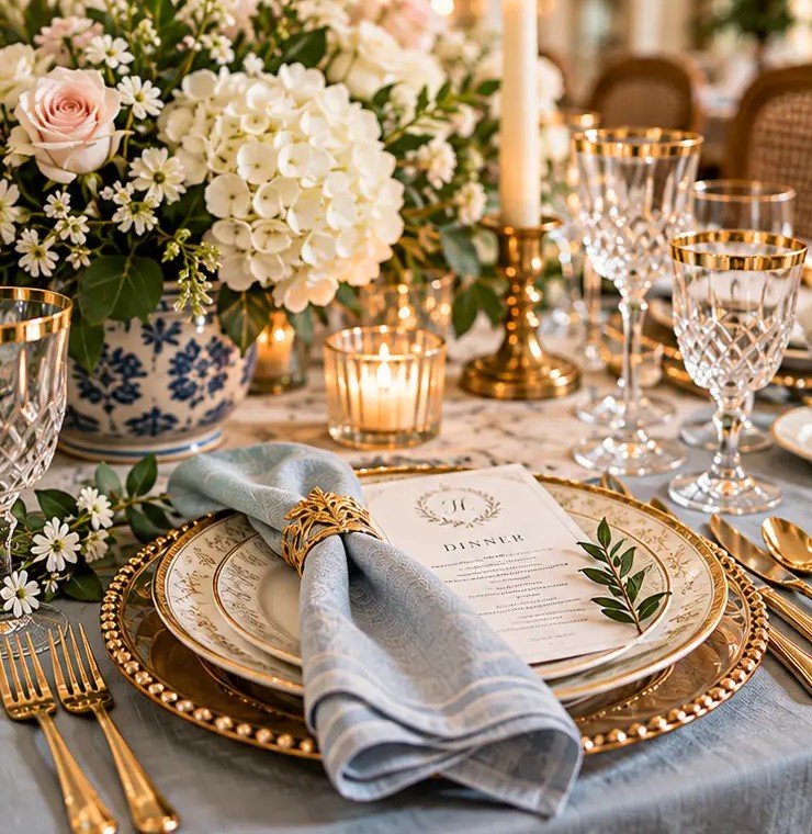 A formal place setting with a beaded gold charger, blue napkin, menu card and crystal goblets