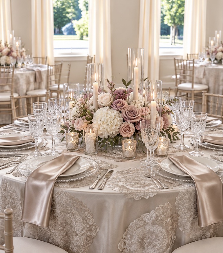 A wedding table in ivory lace linen with taupe satin napkins, pearl-beaded chargers, crystal cut-glass goblets, glowing candles in glass cylinders, and a centerpiece of blush and mauve roses with white hydrangea