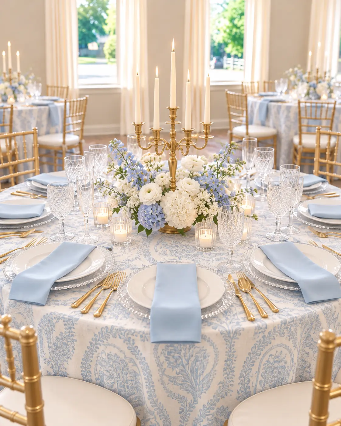 A Blue & White bridal shower table with toile linen and a gold candelabra