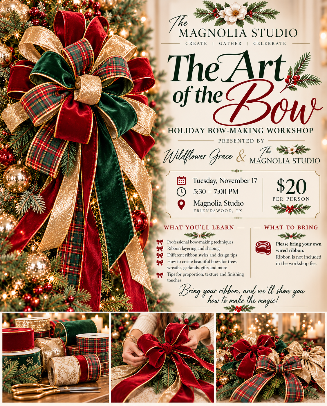 The Art of the Bow holiday bow-making workshop flyer with velvet and plaid ribbon bows
