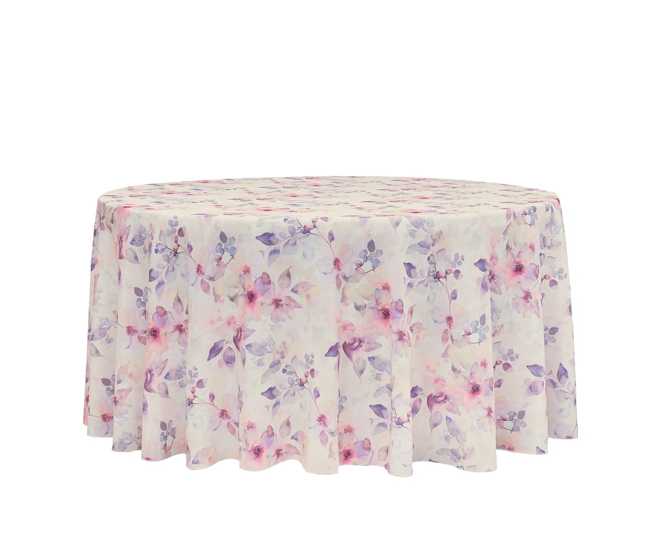 Watercolor floral round linen in soft pink, lavender, and ivory