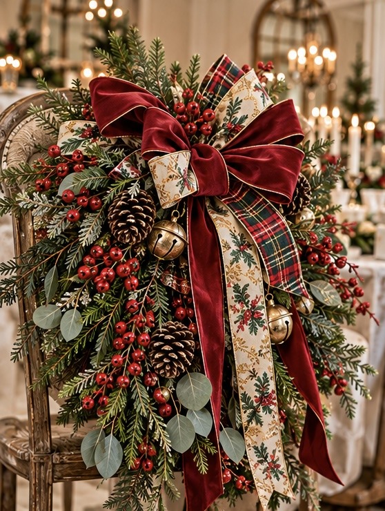 A lush Christmas wreath with a burgundy velvet bow, plaid ribbon, red berries, pinecones and gold bells