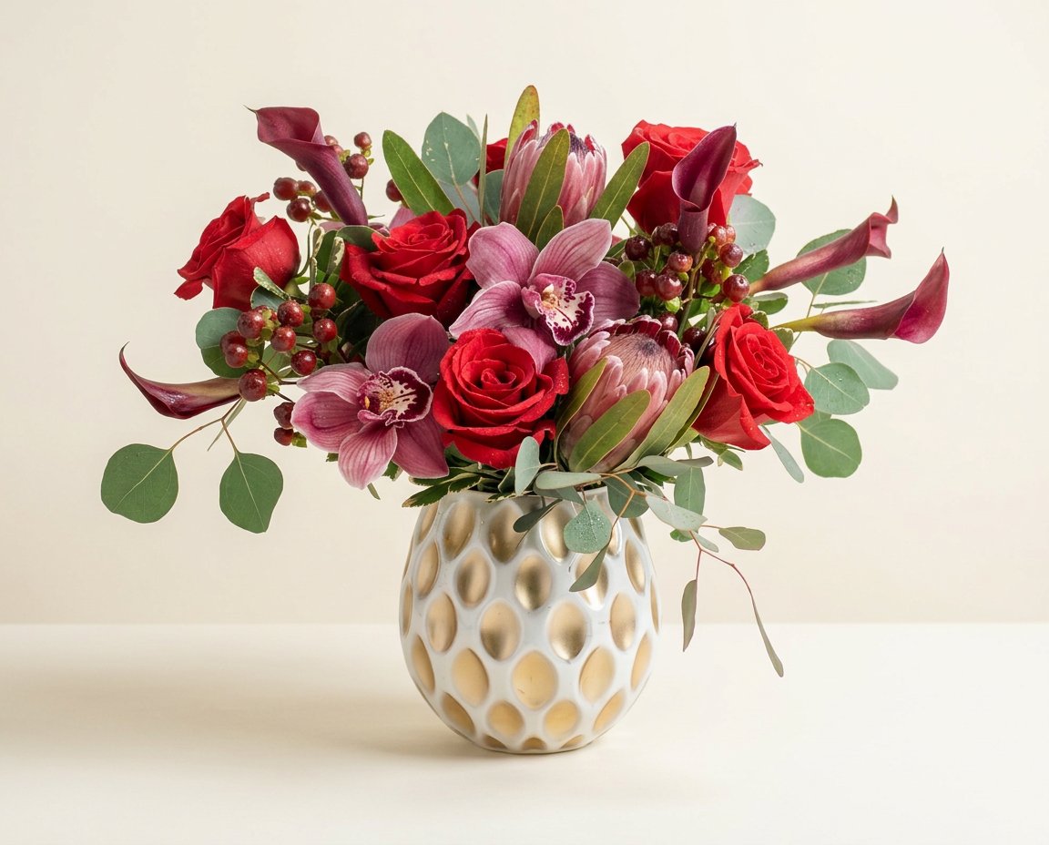 Red roses, orchids and calla lilies in a white and gold vase